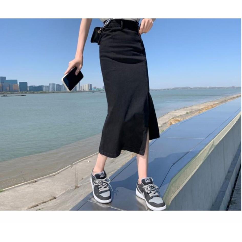 Qooth Casual Women Black Denim Skirt Side Slits Asymmetrical Bodycon Mid Length Slim Simple Skirt QT2652