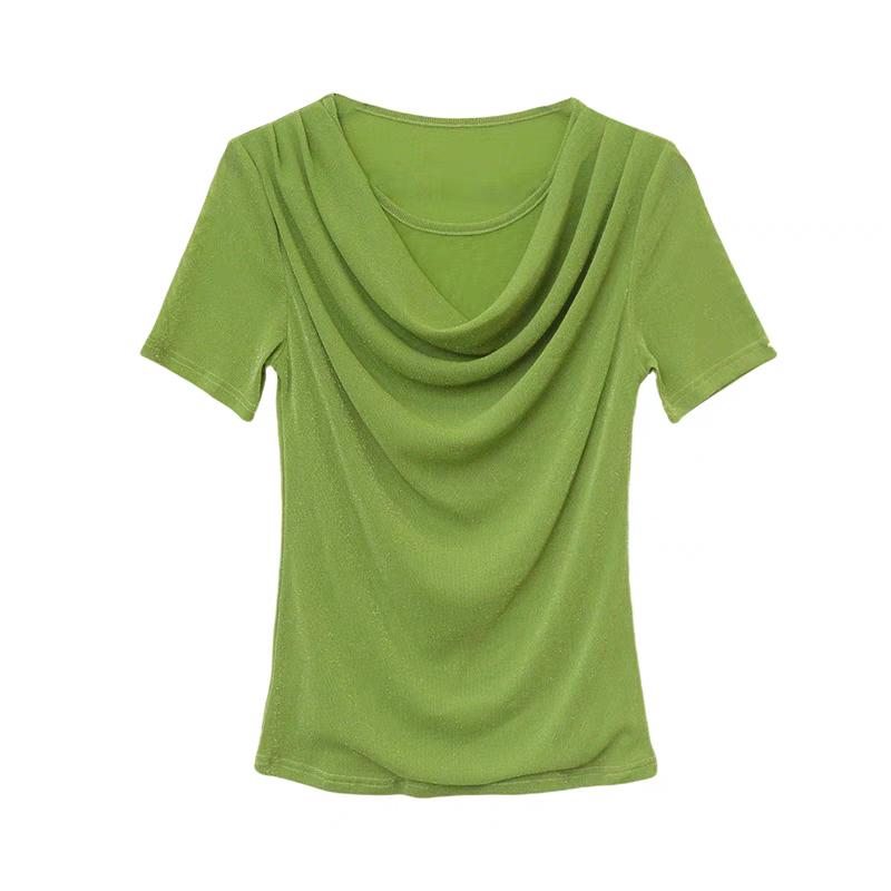 Summer Women's Draped Design O-Neck T-Shirt Trendy Elegant Short Sleeve Mesh Tops New Casual Fairy Tees Blouse