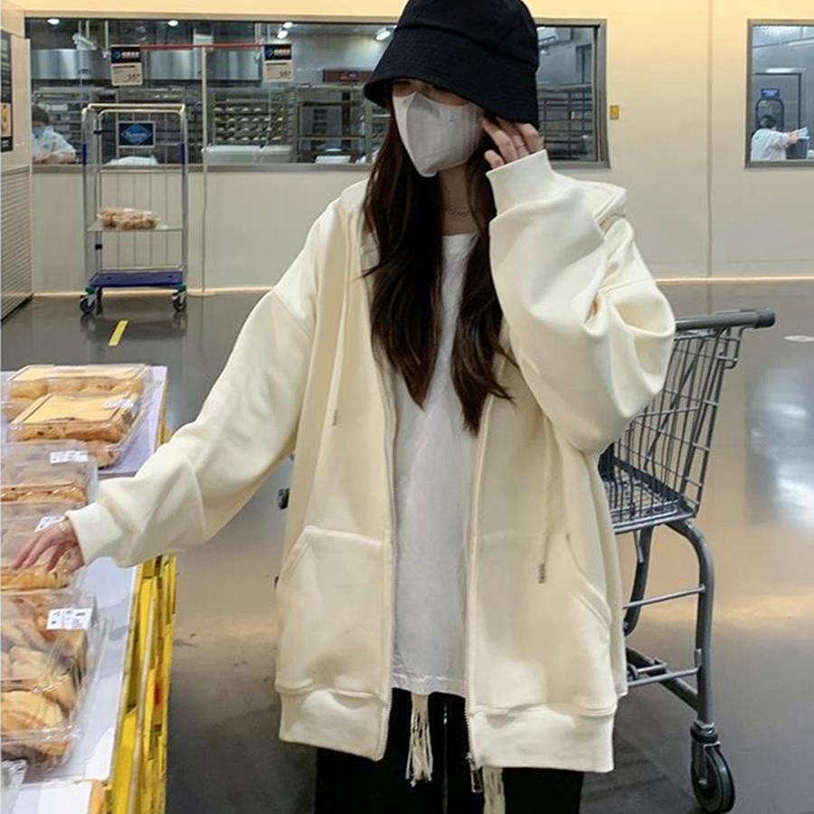 Women's Spring/Autumn Zip-Up Korean Lazy Style Loose Hoodie Solid Color Cardigan Top