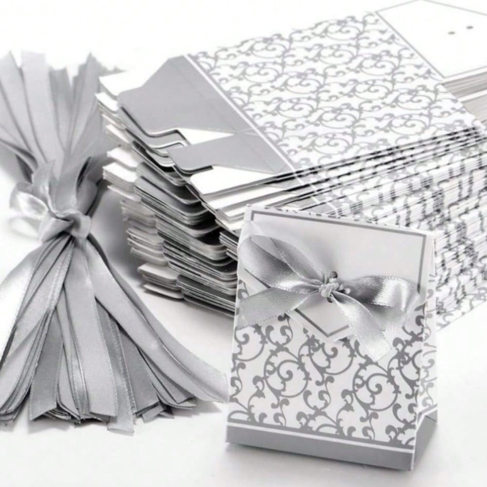 50pcs/ Set, Candy Box, Silver Ribbon, Wedding Gift Box, Candy Bag, For Wedding Party Decoration, Commercial Box