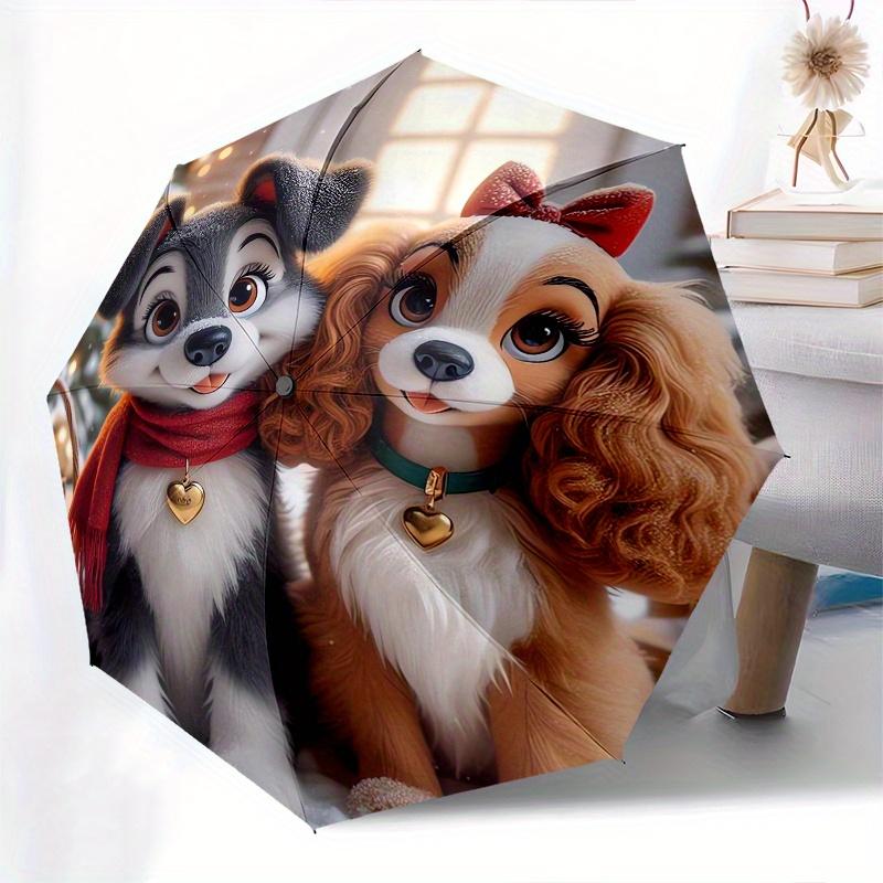Lady and the Tramp Fully automatic themed umbrella 8 ribs durable iron frame, tri fold compact design, perfect as a gift, travel umbrella,