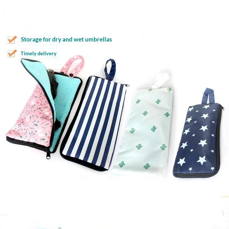 Waterproof Absorbent Umbrella Cover Bag Soft Cloth Stripe Star Printed Portable Pouch for Outdoor Travel Daily Commute