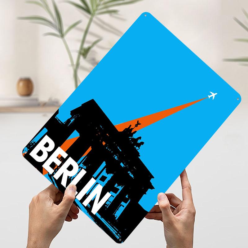 Berlin Travel With Airplane Poster Customized Wall Art Vintage Metal Signs Retro Tin Plaque for Man Cave Decoration Home Decor