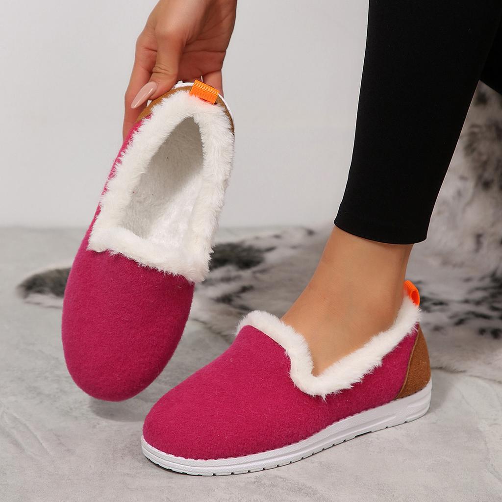 Cross-border Winter New Color Matching Flat-bottomed Velvet Snow Boots Women's Thickened Fluffy Warm Large-size Low-top Cotton Shoes