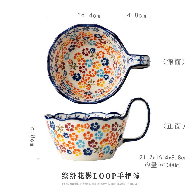 Hand-painted handle bowl Ceramic tableware bowl Household new retro soup bowl Instant noodle bowl Large bowl Salad bowl