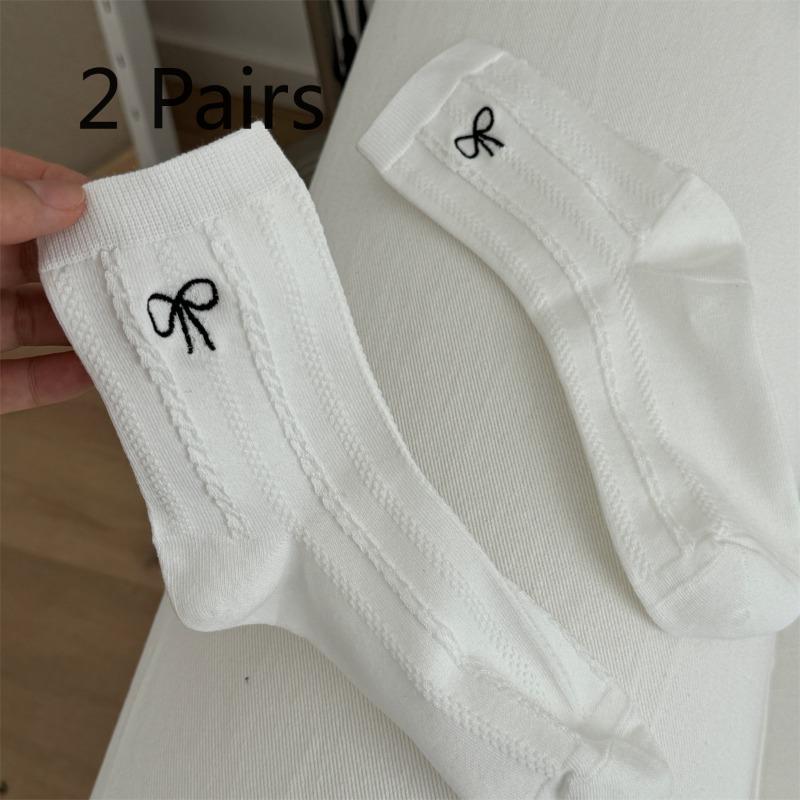 2 Pairs of Sweet Lace-trimmed Boneless Mid-calf Socks, Spring and Summer Polka Dot White Socks, Simple Women's Socks