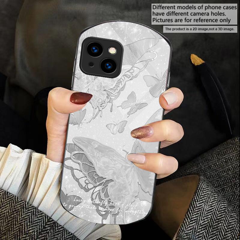 Lucky Butterfly Painting For iPhone 17 Air 16 15 14 Pro 13 Plus 12 Mini 11 Pro Max XR X 7 8 Elliptical Tempered Glass Phone Case