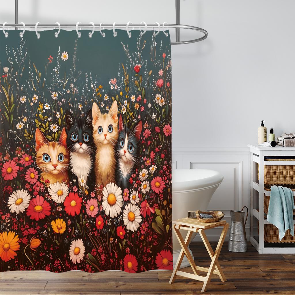 1pc Cute Kitten Print Waterproof Shower Curtain Partition Privacy Hanging Curtain with 12 Hooks Multiple Sizes Machine Washable