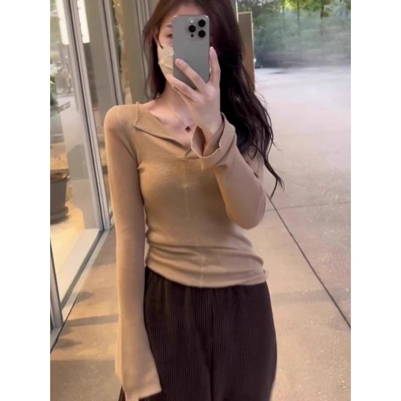 Premium v-neck soft waxy wool knitted sweater women's spring and autumn slim-fitting and thin inner bottoming shirt front shoulder temperament top