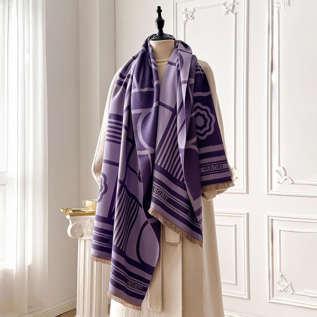 Winter Geometric Splicing Letters Versatile Simple Neck Protection Warm Scarves High Temperament Women Two-Sided Jacquard Shawl