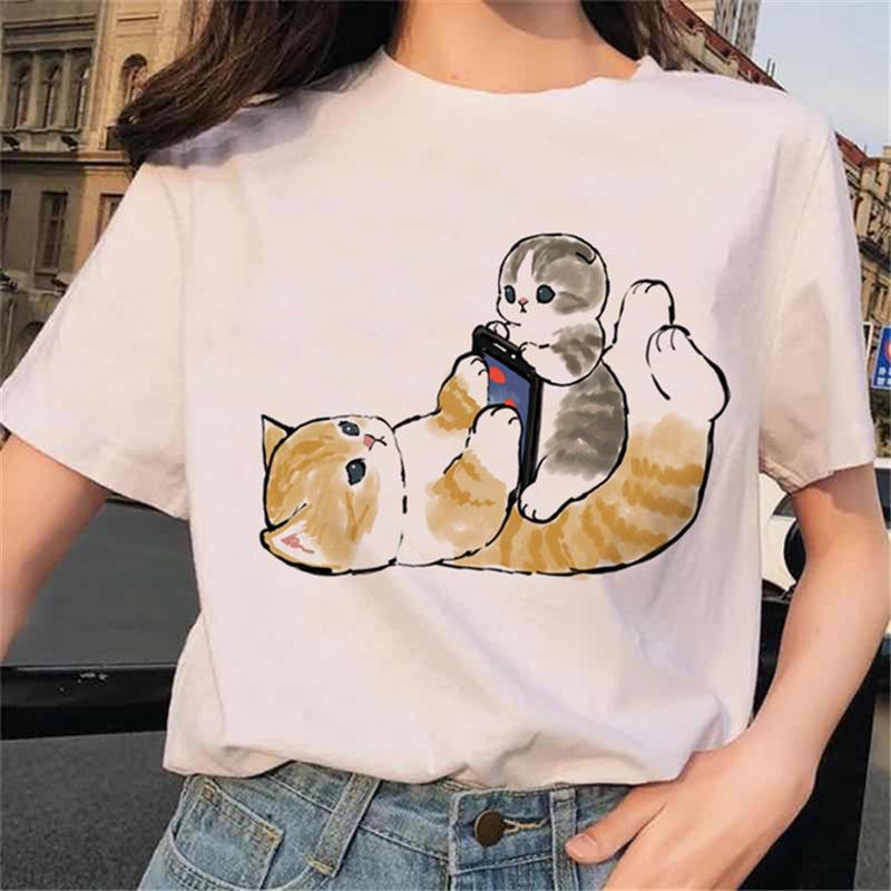 Sommer Damen T-Shirt Fun Kawaii Cartoon Katzen Print Harajuku High Street Casual Vielseitige Rundhals Kurzarm Tops