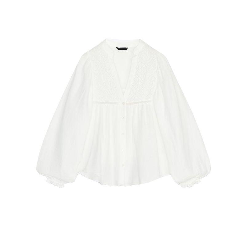 

Spring New Women s Clothing Casual Style Loose Decorated Row Button round Neck Long Sleeves Embroider Cotton Top 2298062 Ground White L