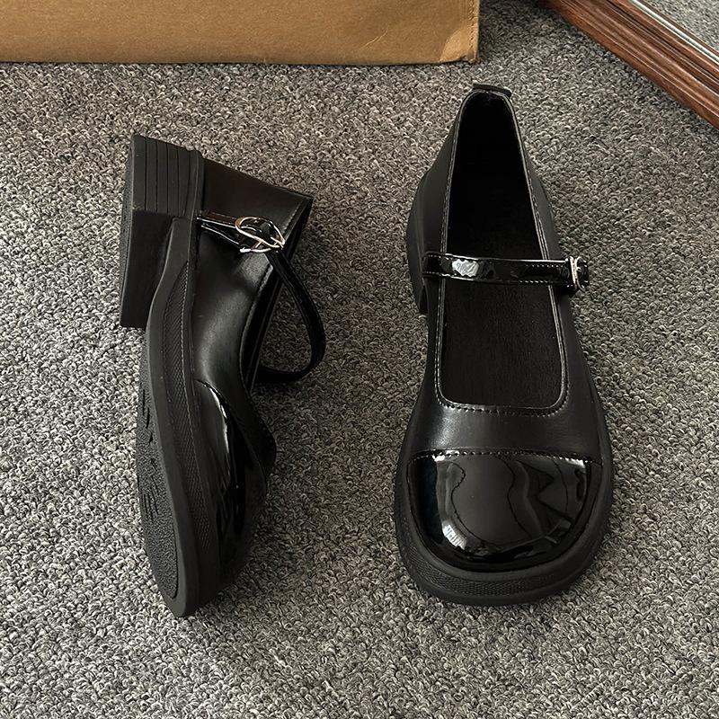 

Fashion Leather shoes for women 2024 new spring small fragrance style color blocked round toe thick sole shallow mouth coarse single 35