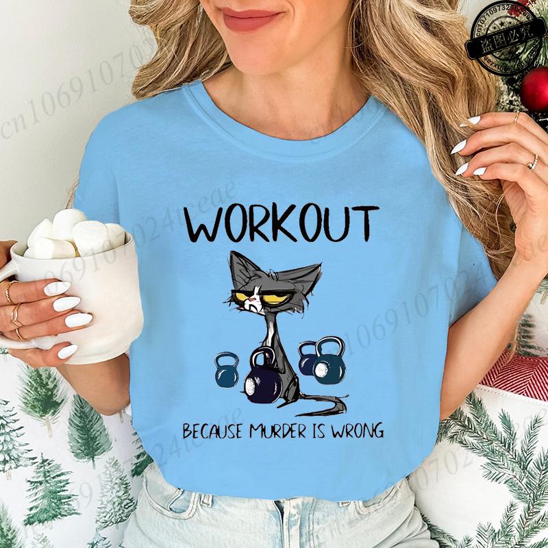 Women's Casual T-Shirts Graphic Tee BLACK CAT WORKOUT BECAUSE MURDER IS WRONG Print T-Shirts Casual Tee Comfortable Clothes