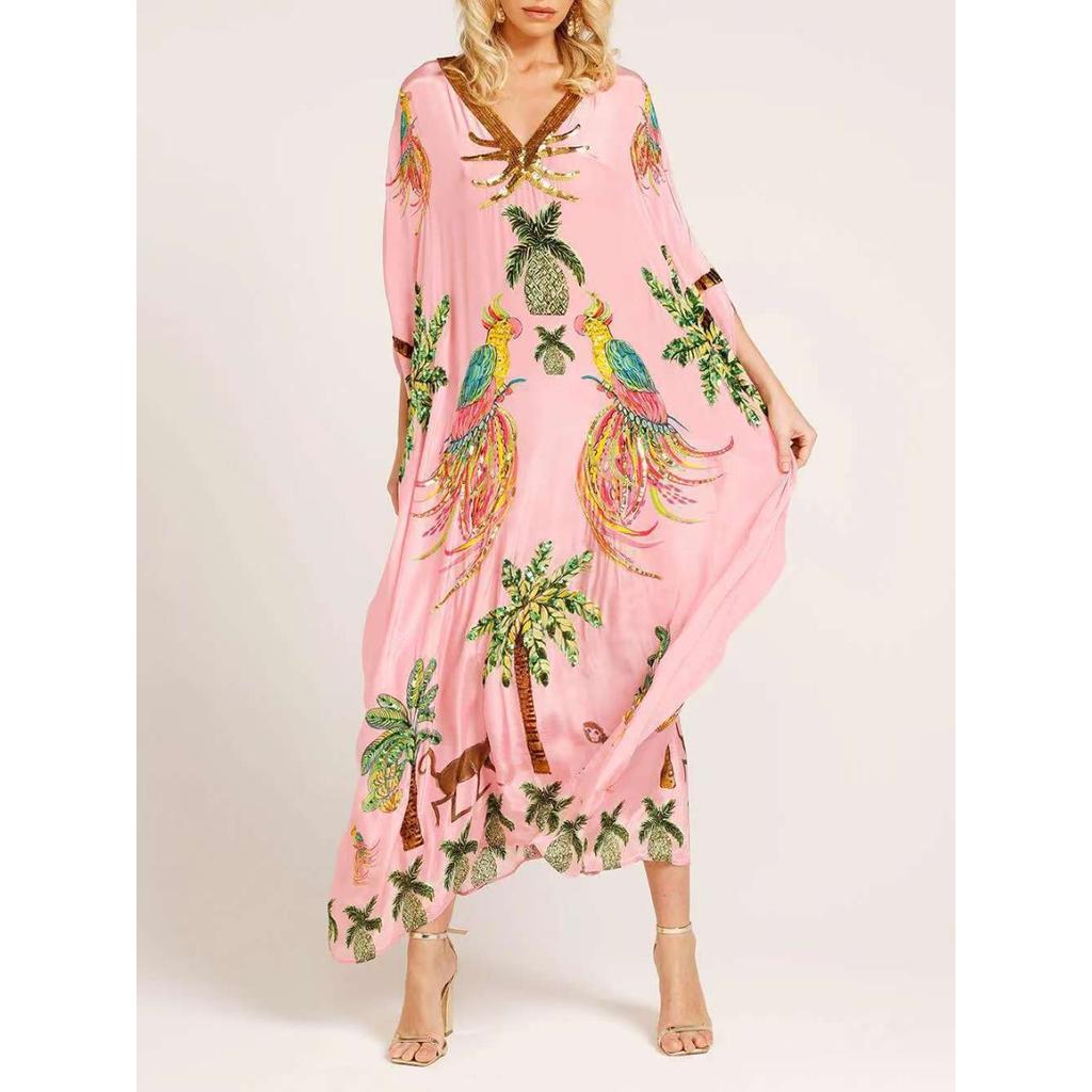 Women's V Neck Three Quarter Maxi Dress Loose Fit Mid Waist Tropical Print Kaftan Beach Dress
