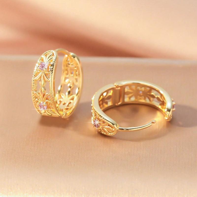 Hihho 1 Pair Vintage Style Hollow Geometric Round Brass Plated Zirconia Earrings With Purple Stones, Fashion Jewelry Gift For Women