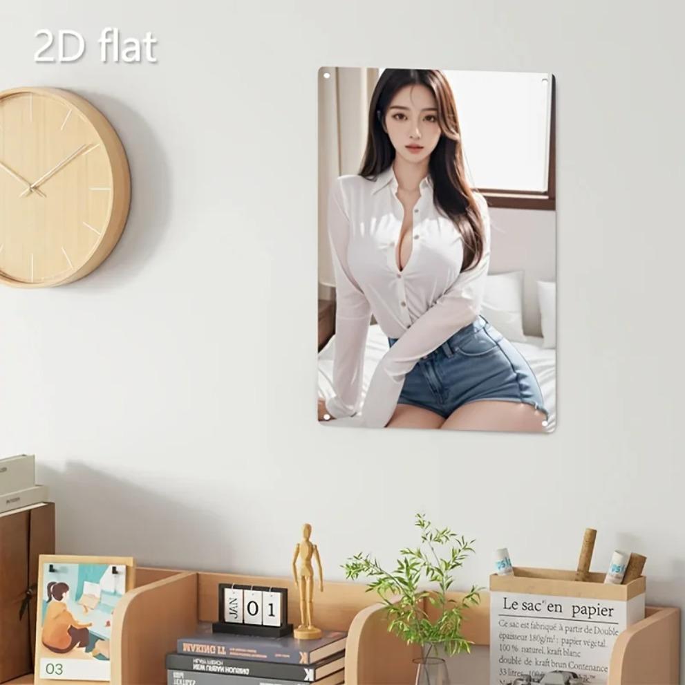 Mfoever Blechschild HD Metall Blechschild Atemberaubende Asiatische Schönheit im Weißen Hemd mit Knöpfen Jeans-Shorts Retro Wandkunst D Flacheisen Malerei Plakette für