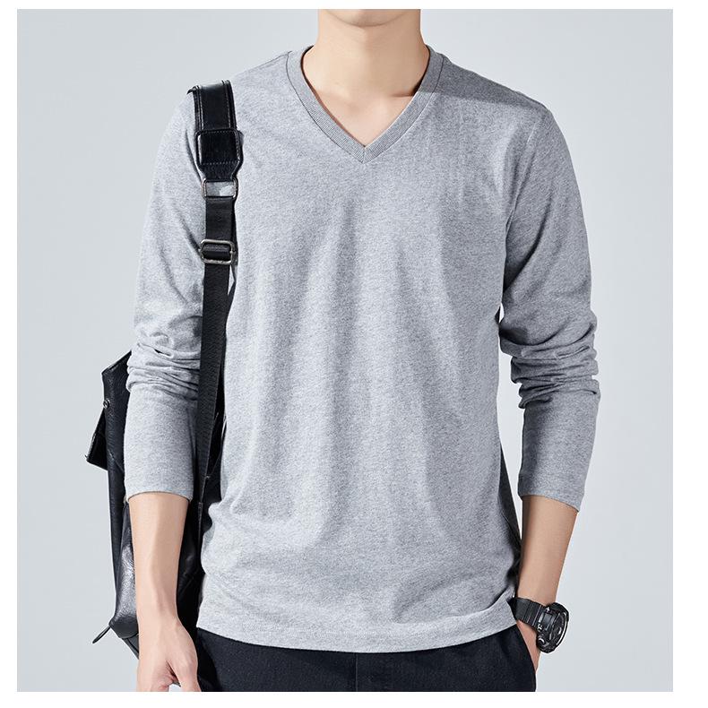 Herre Pluss Størrelse V-Hals Langermet Ren Bomulls T-skjorte for Høst