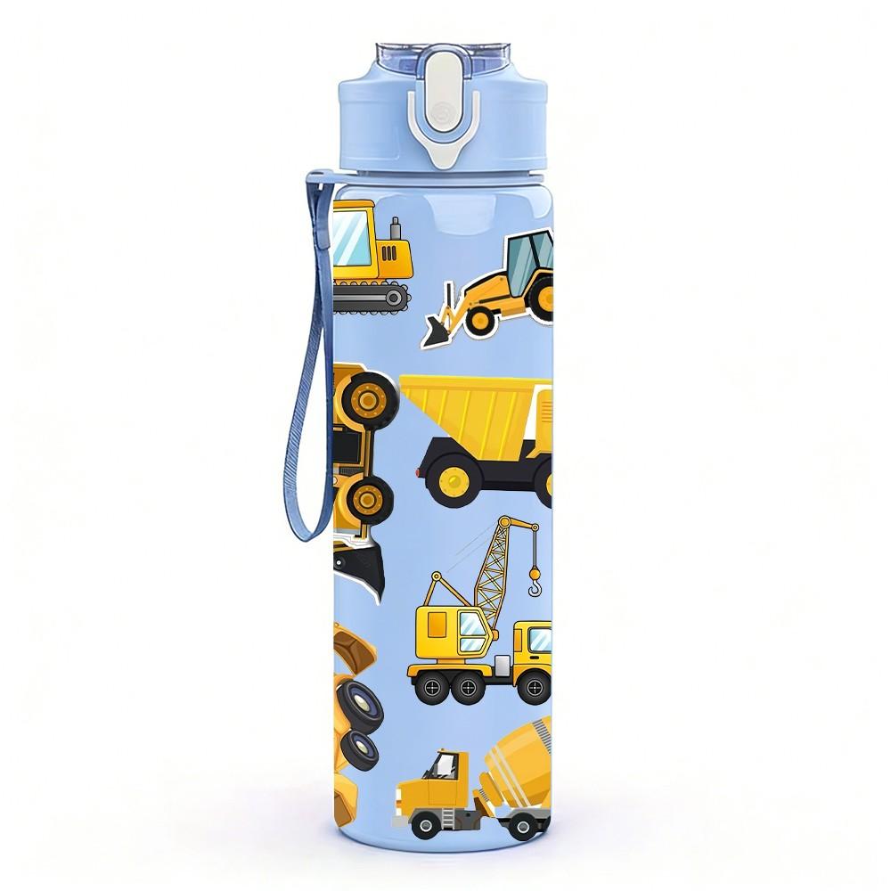 1PC Mixed Construction Truck Group Print 750ml Color Plastic Sports Water Bottle Leakproof Flip Straw Lid Suitable for Sports Office Home Use