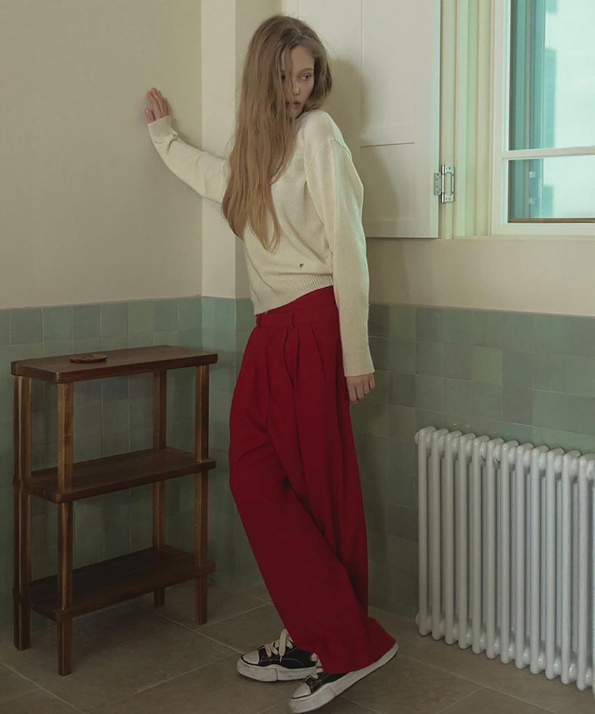 Lonkeu Wool Unbanlace Wide Trouser Slacks Pants (Red)