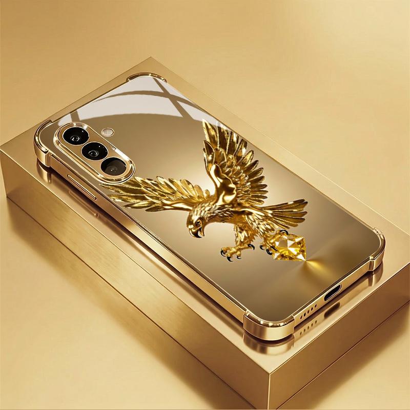 Golden Eagle Wings Glass Phone Case Suitable for Samsung Galaxy S26 S25 S24 S23 S22 S20 FE/Ultra/Plus Four Corner Anti Drop Case