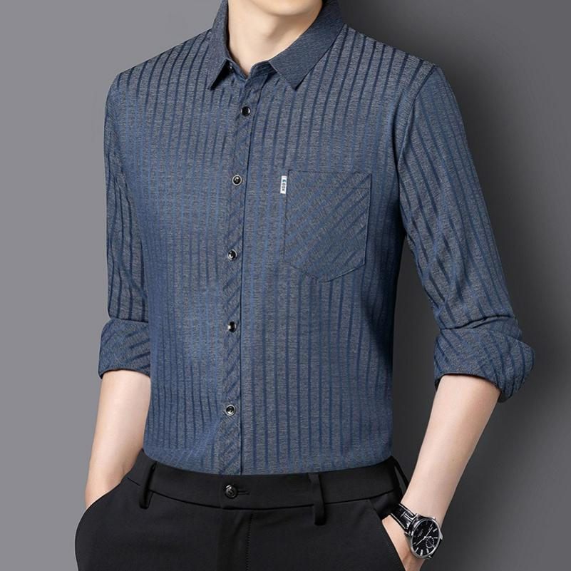 Long-sleeved Shirt Men's Spring and Autumn Dad Wear Striped Non-iron Lapel Real Pocket Men's Shirt