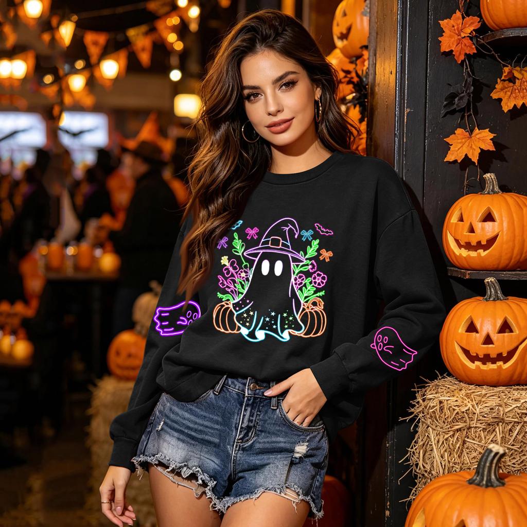 Women's Long Sleeve Halloween Print Neck Sweatshirt Top for Fall Festive Wear
