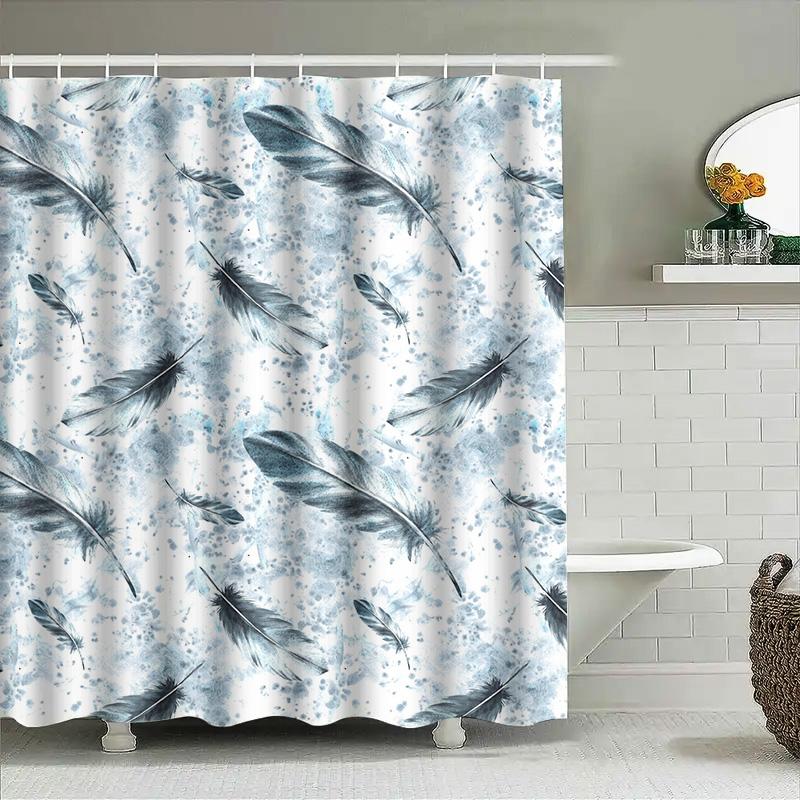 Blue Feather Print Shower Curtain Waterproof Bathroom Decor with Rod Pocket White Blue