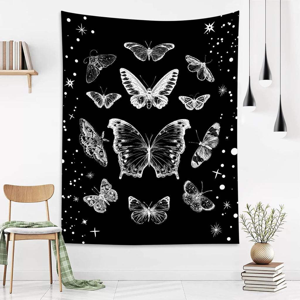 LB Butterfly Tapestry Wall Hanging Black and White Ect Moth Wall Tapestry for Bedroom Goth Black Aesthetic Wall Art for Living Room College Dorm