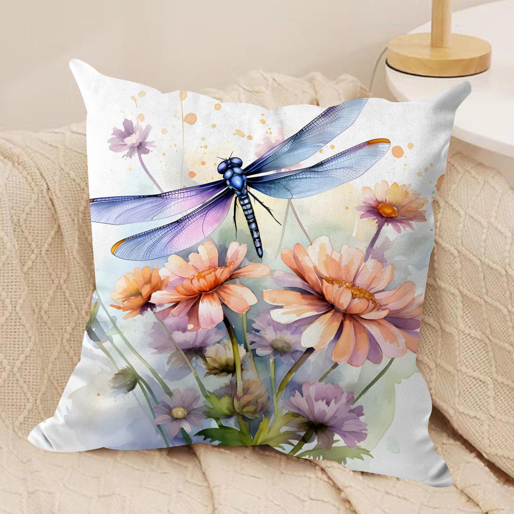 Watercolor Dragonfly and flower Cushion Cover Short plush Doublesided Print Square Throw Pillow Covers Sofa Home Cushion Decor