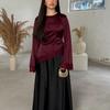 Women Round Neck Satin Blouse Long Sleeve Lace Trim Cuffs & Hem Side Twist Waist Elegant Commuter Office Dressy Top