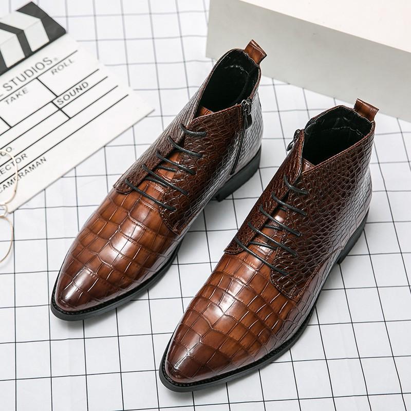 Mens Large Size Fashionable High-Top Leather Boots Crocodile Texture Casual Martin Business Wear