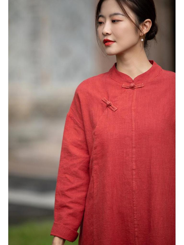 2026 Spring Chinese Style Handmade Frog Button Patchwork Slimming Zen Qipao Dress for Women