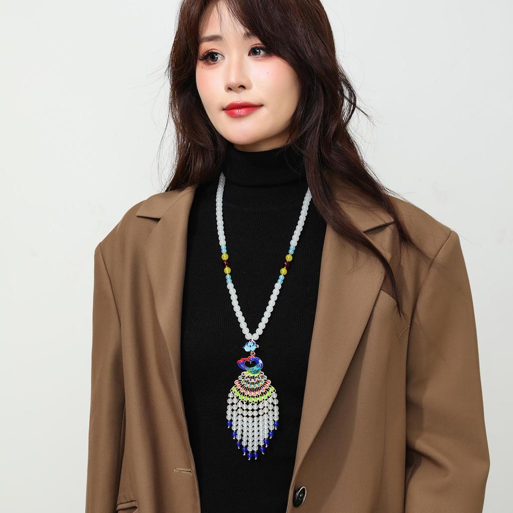 Elegant Peacock Phoenix Sweater Chain Necklace - Women's High-End Enamel Pendant