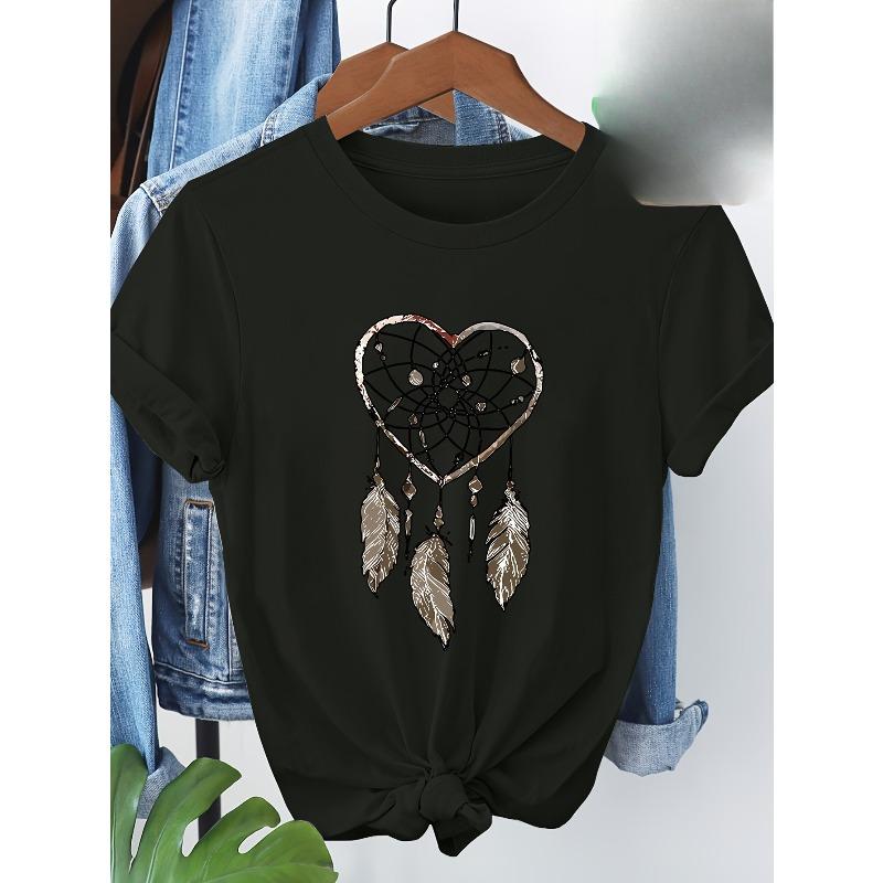 European Size Women'S Casual T-Shirt with Heart-Shaped Dreamcatcher Print, Short Sleeve Round Neck, Soft Breathable Fabric