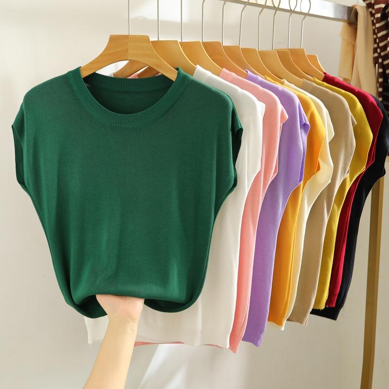 Summer Round Neck Knitted Casual Women's T-shirt Elegant Loose Ice Silk Thin Fit Solid Color Short Sleeve Tee Tops Ladies Simple Fashion T Shirt 3097