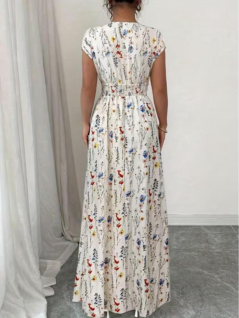 Europäisches & Amerikanisches V-Ausschnitt Schnür-Kurzarmkleid, Sommer Taillenbetonendes Langes Bedrucktes Modell für Damen