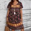 Floral Print Casual Dress for Women Short Sleeve Round Neck Mid Length Pullover