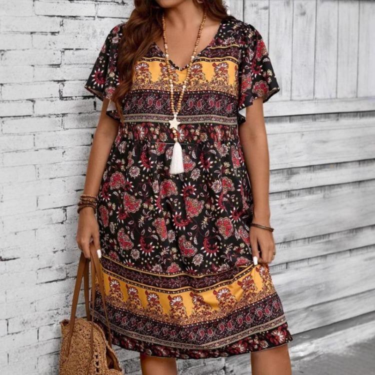 Floral Print Casual Dress for Women Short Sleeve Round Neck Mid Length Pullover