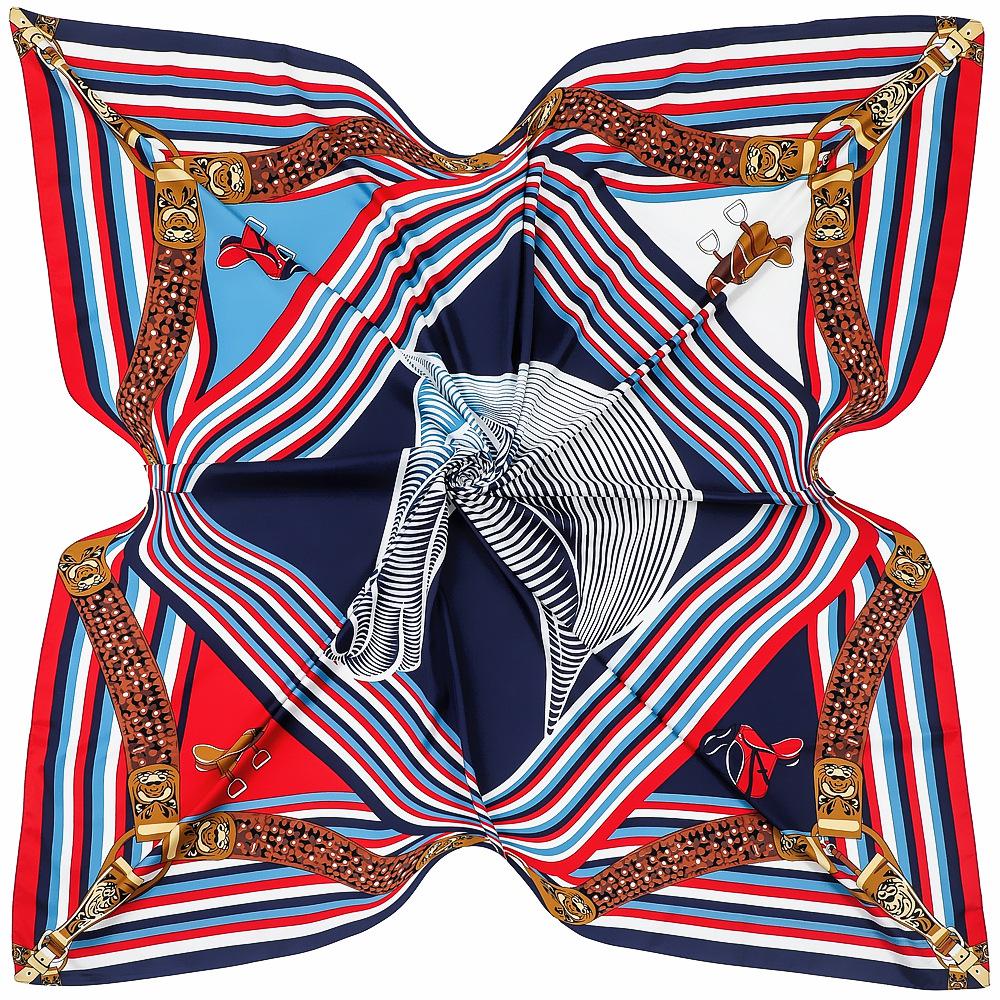 130cm European Retro Geometric Stripe Horse Head War Horse Women's Fashion Decoration Scarf Silk Scarf