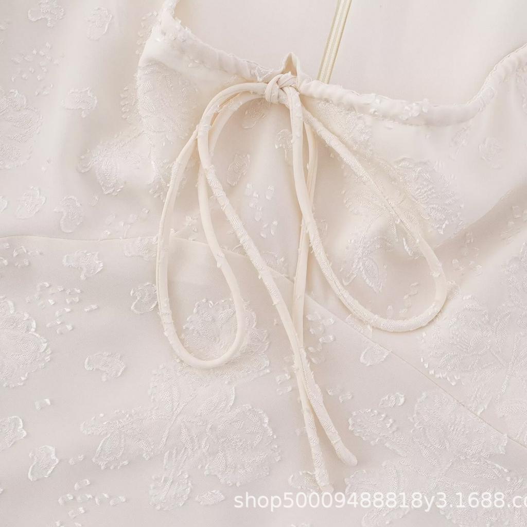 French Bubble Sleeves, Gentle Wind Temperament, Elegant Jacquard Drawstring Dress, Women's High-end Feeling, Waist and Thin Long Dress, Summer