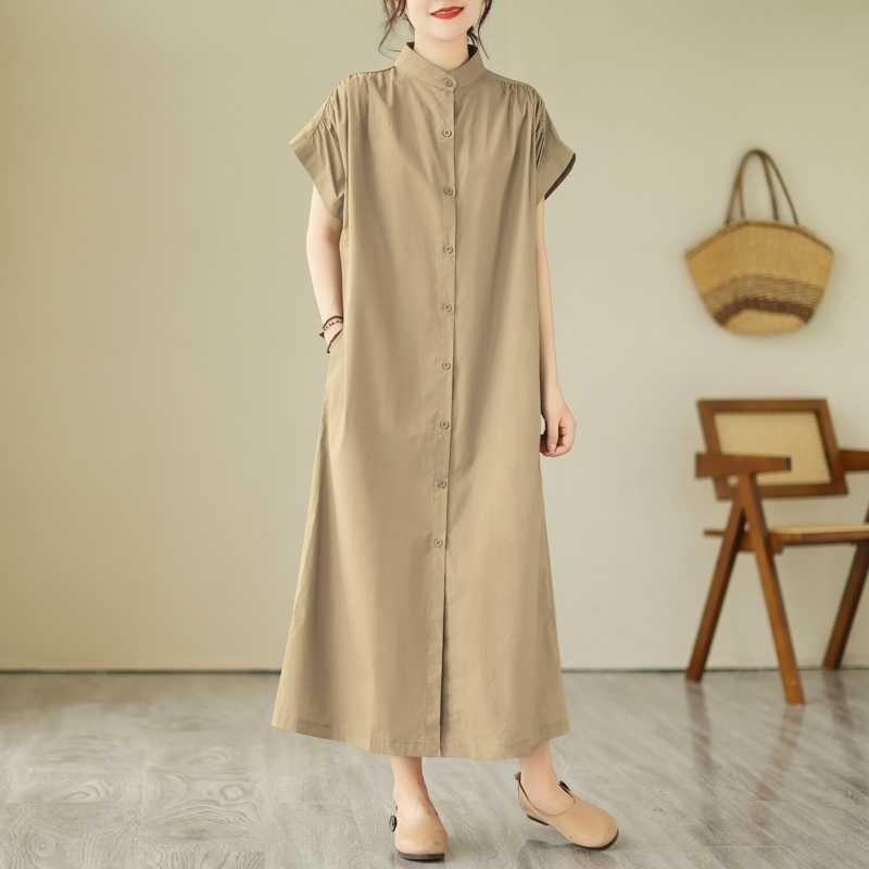 Short Sleeved Stand Up Collar Loose Casual Shirt Skirt