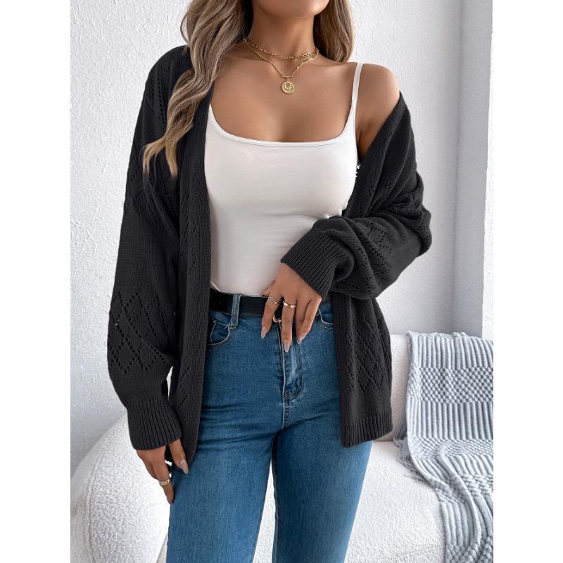 Women European American Casual Solid Hollow Out Lantern Long Sleeve Cardigan Sweater Coat