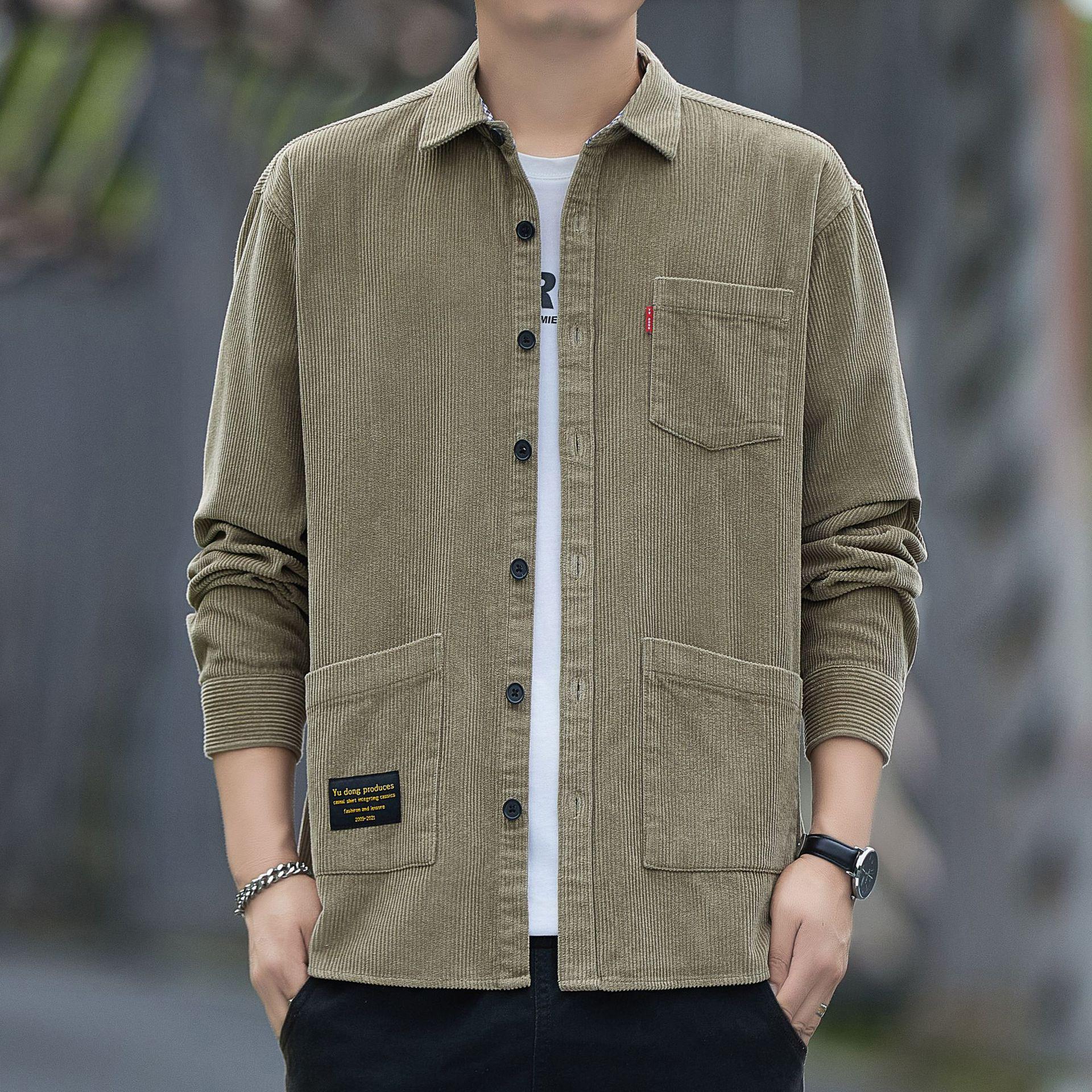 

Men s Autumn Heavyweight Pure Cotton Corduroy Long-Sleeved Casual Workwear Shirt Jacket in Hong Kong Style - Loose and Trendy M хаки
