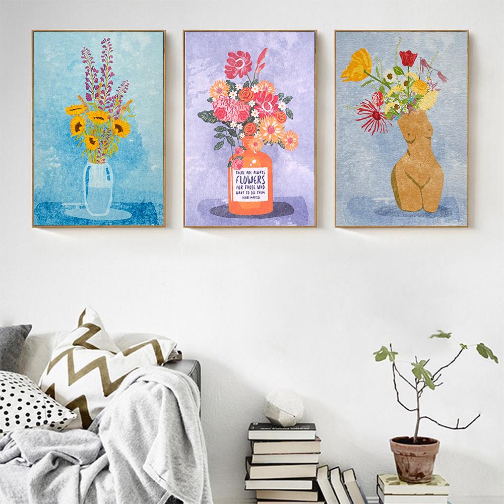 Abstract Flower Sunflower Wildflower Art Poster Print Retro Raissa Oltmanns Nude Sculpture Vase Canvas Painting Room Home Decor