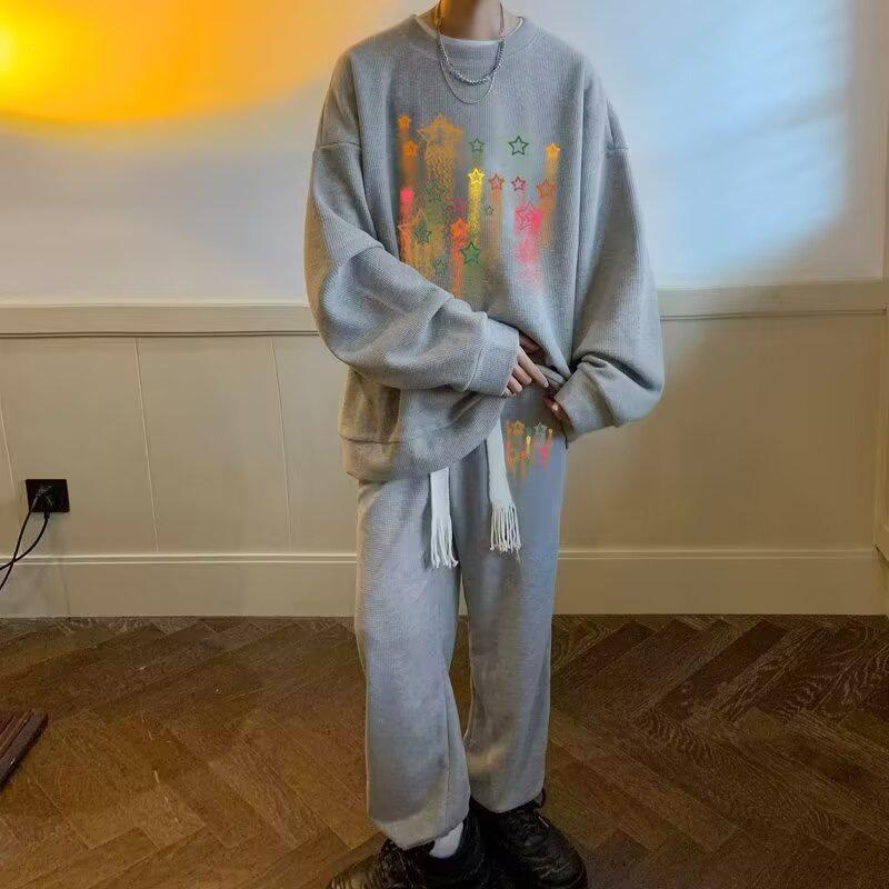 Harajuku Trendy Men's Sporty Casual Two-Piece Set: Creative Design Loose Hoodie & Pants