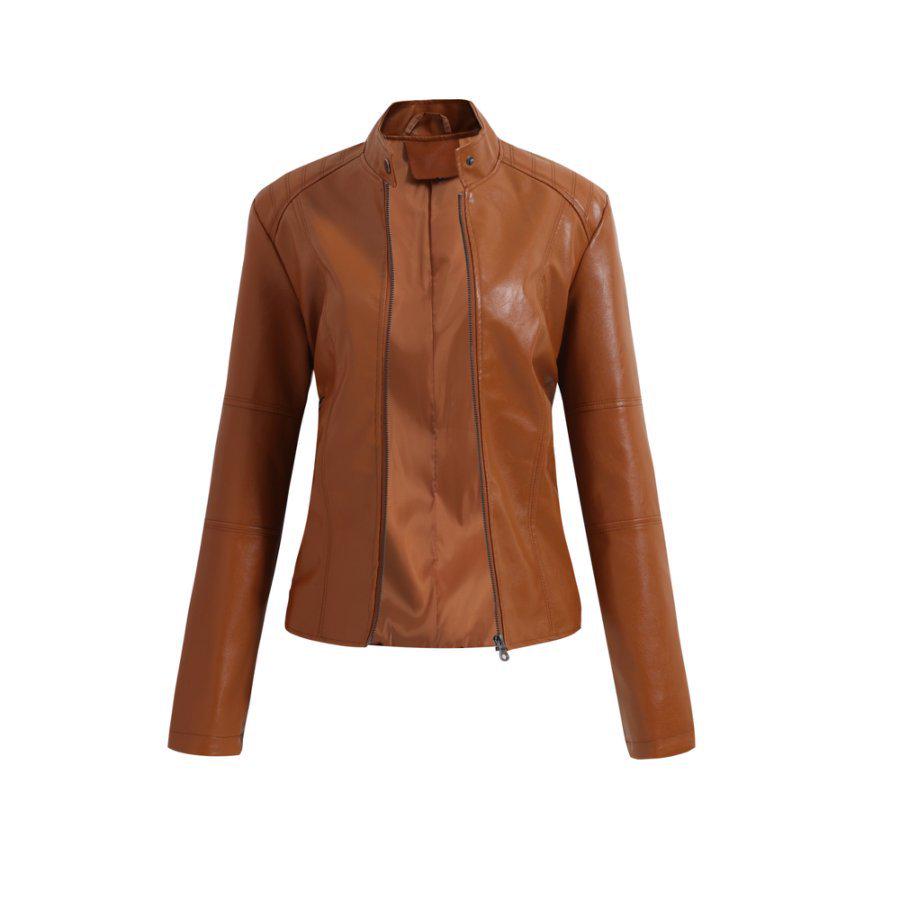 European Women's Slim Fit Leather Jacket Stand Collar Elegant Motorcycle Coat Plus Size