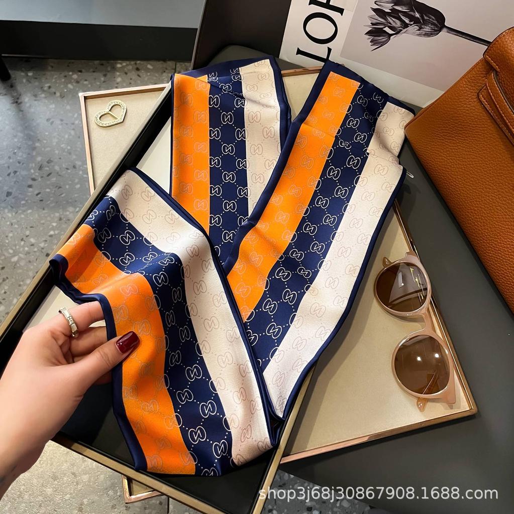 Long Silk Scarf Women's New Small Silk Scarf Printing Simulation Silk Tied Bag Streamer Explosion Sweet Little Scarf