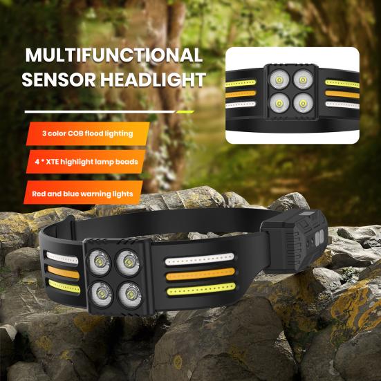 Outdoor LED Headlamp Rechargeable with Sensor Control Adjustable Headband High-brightness Manual Mode Headlamp