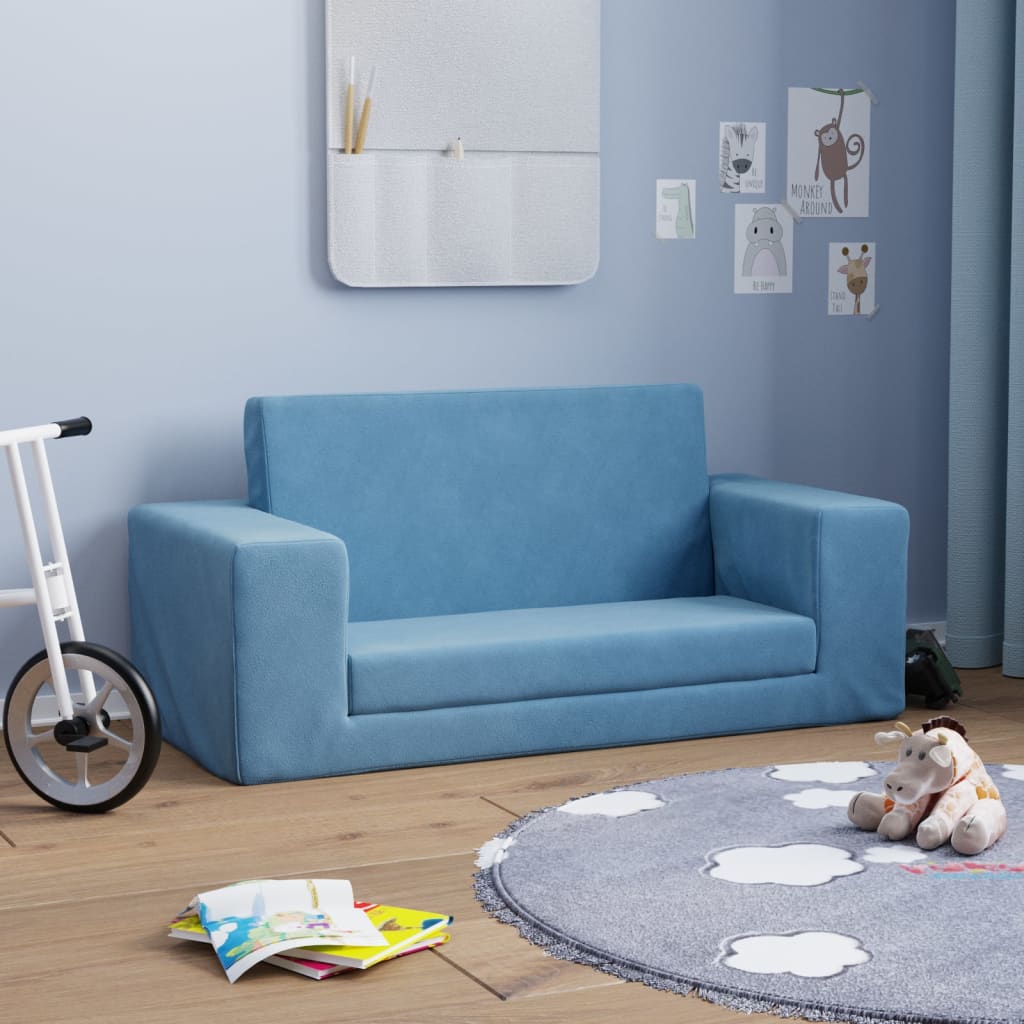 Vidaxl 2-Os. Sofa For Children, Fold-out, Blue, Soft Plush